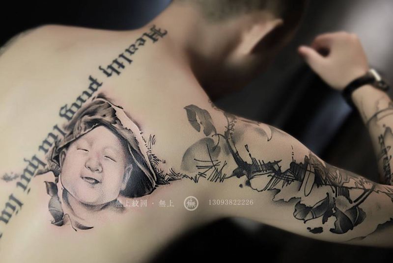 后肩肖像纹身图片_成品肩部肖像清新人物原创图腾无上纹图招生手稿纹身图案