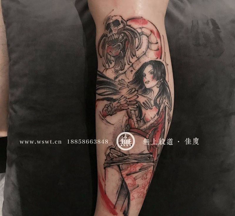女帝波雅纹身图片_成品腿部人物无上纹图纹身图案