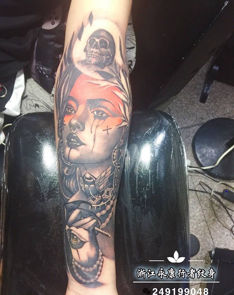 new school女郎纹身图片_成品手臂欧美人物纹身图案