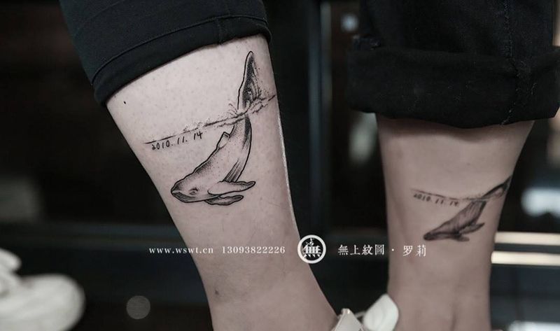 情侣鲸鱼纹身纹身图片_成品腿部欧美人物图腾无上纹图字符纹身图案