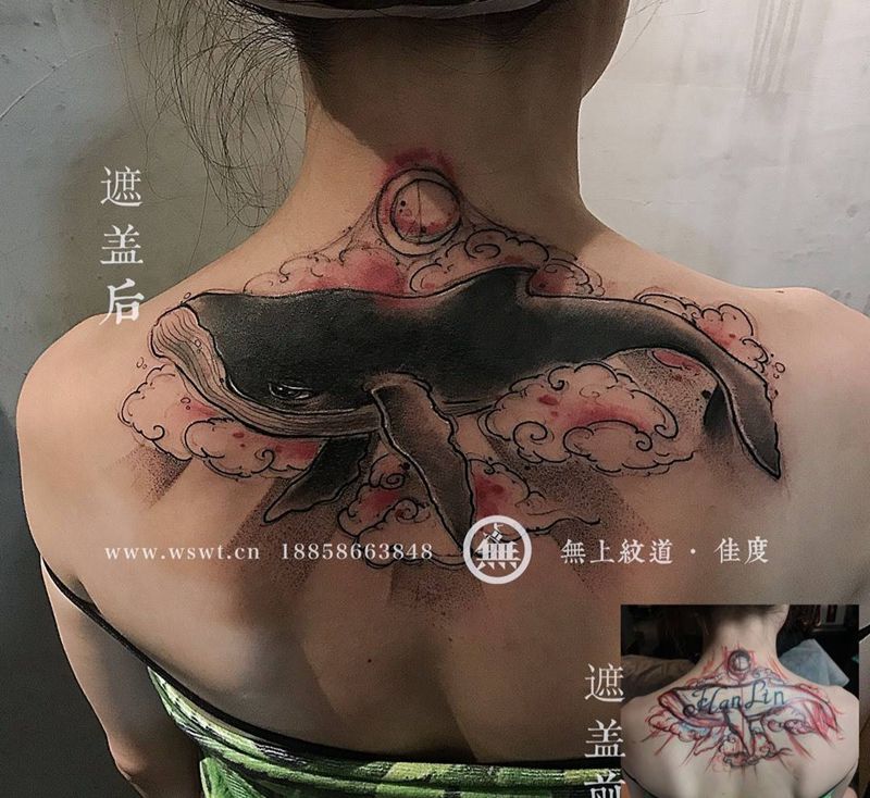 纹身遮盖作品纹身图片_成品背部生活清新动物纹身图案