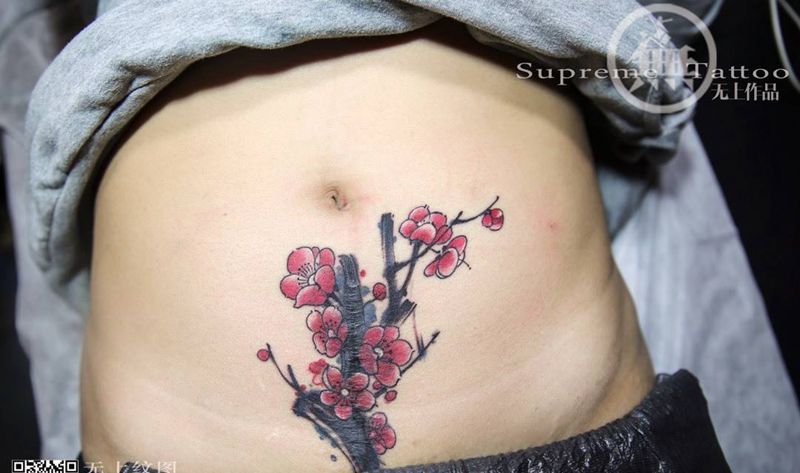 无上修改作品纹身图片_成品腹部传统清新植物原创无上纹图生活纹身图案