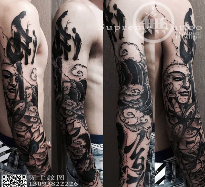 驻店师傅的花臂纹身图片_成品手臂传统清新肖像人物原创字符无上纹图生活纹身图案