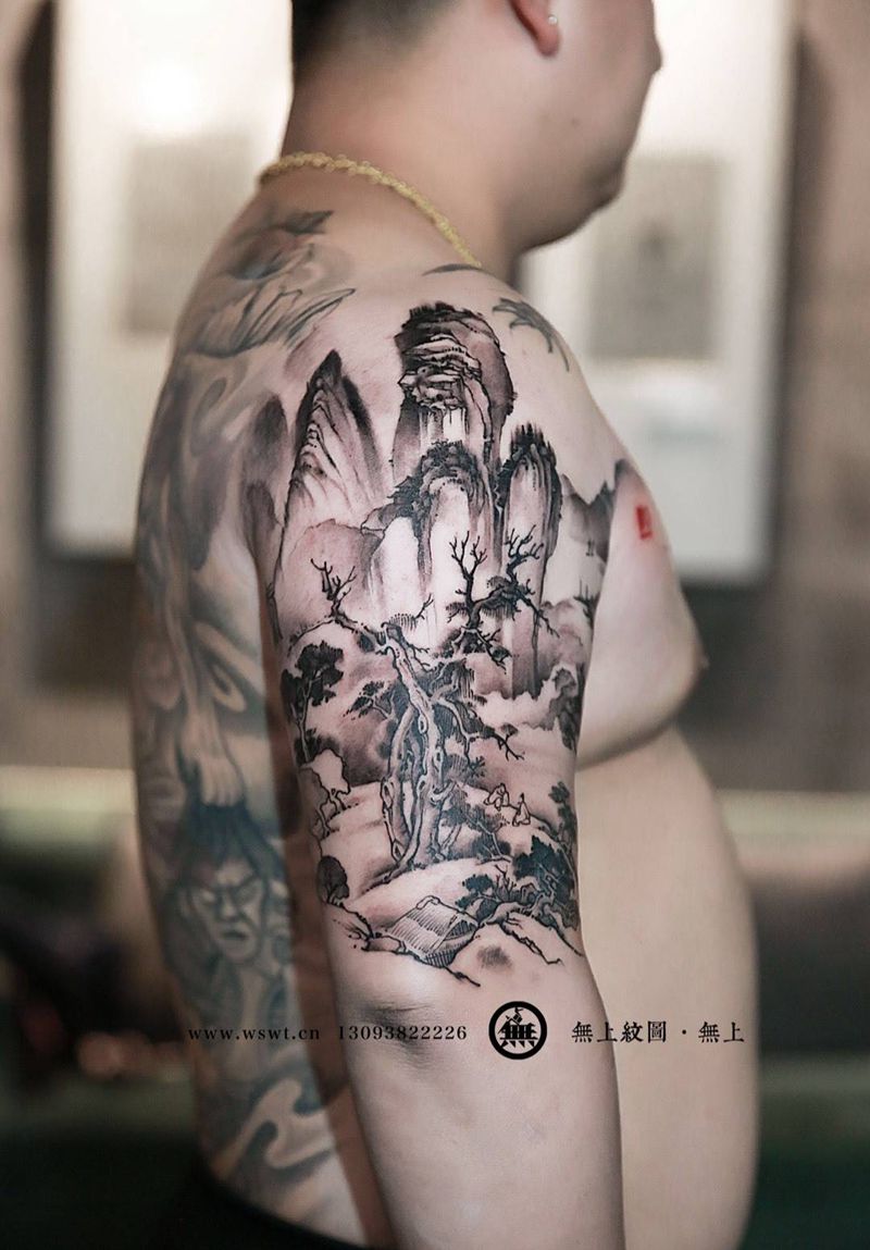 山水画纹身纹身图片_成品手臂传统肖像原创国画植物无上纹图招生纹身图案