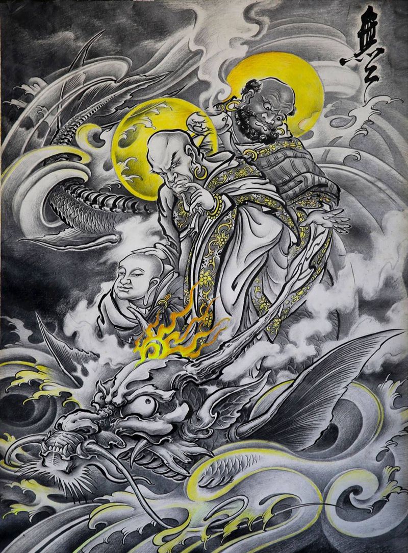 第14期 罗汉渡江纹身图片_成品手稿插画传统肖像写实国画鬼神原创宗教纹身图案