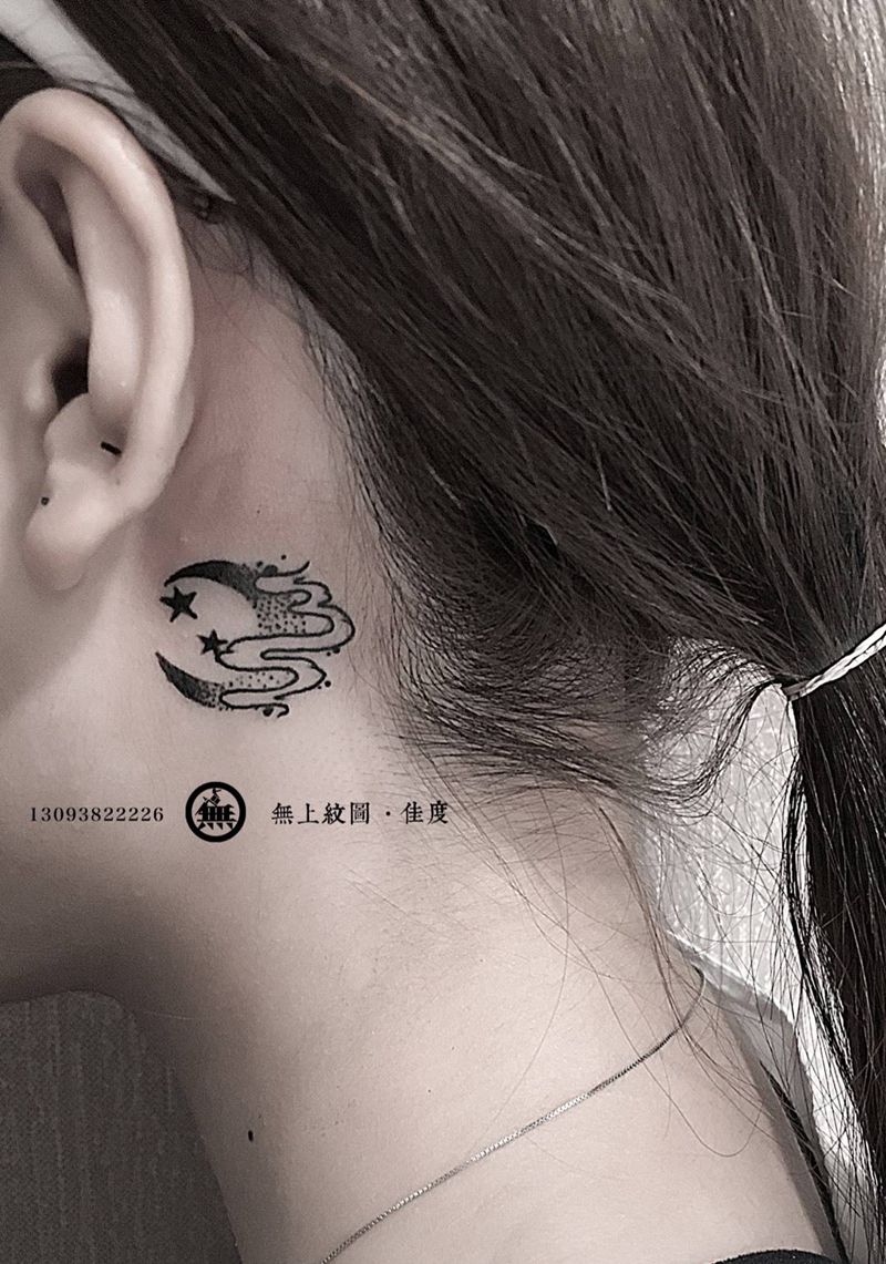 星月组合纹身图片_成品颈部欧美清新图腾静物无上纹图招生手稿纹身图案