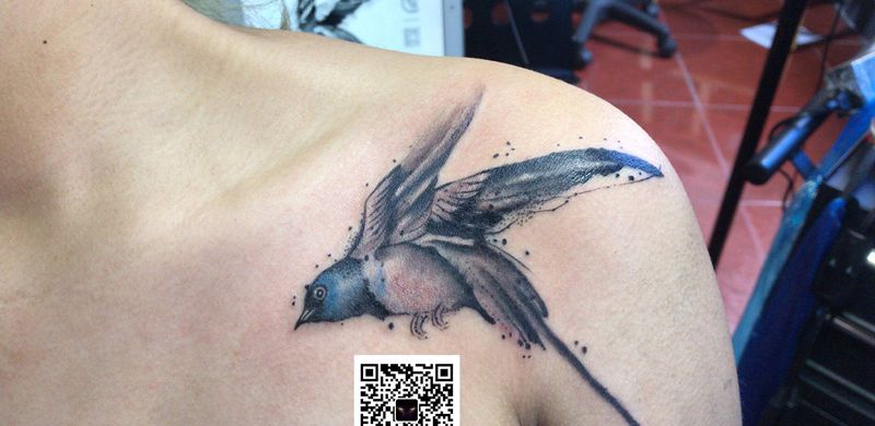 燕子纹身图片_肩部水墨水彩纹身图案