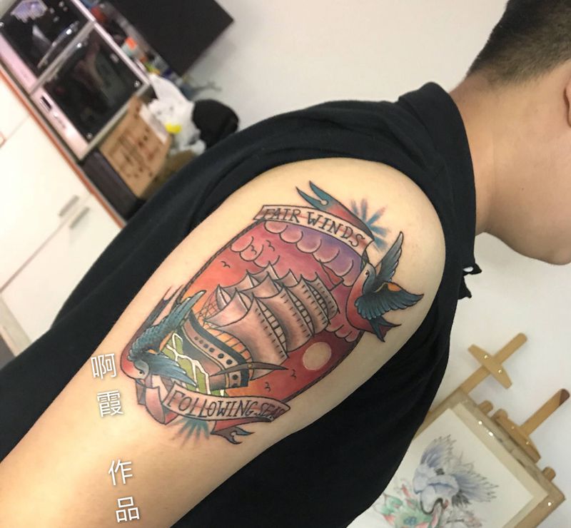 school帆船纹身图片_手臂纹身图案