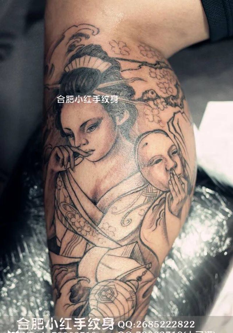 小腿艺伎纹身图片