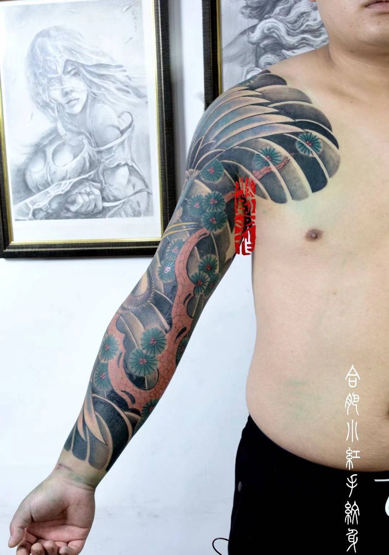 松鹤纹身图片_手臂纹身图案