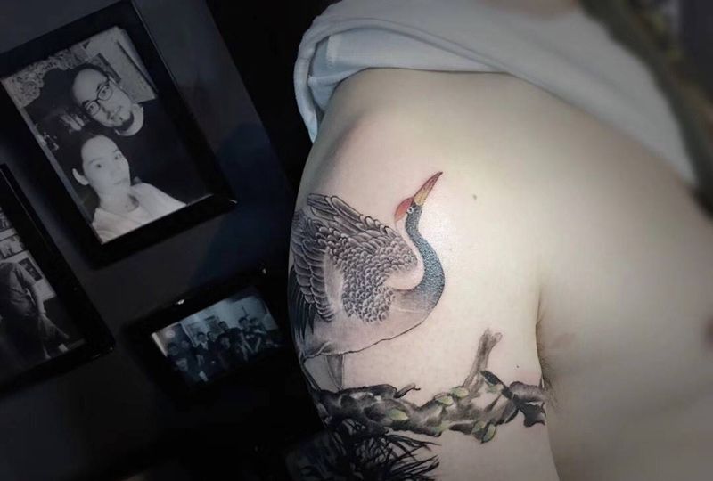 水墨仙鹤纹身图片