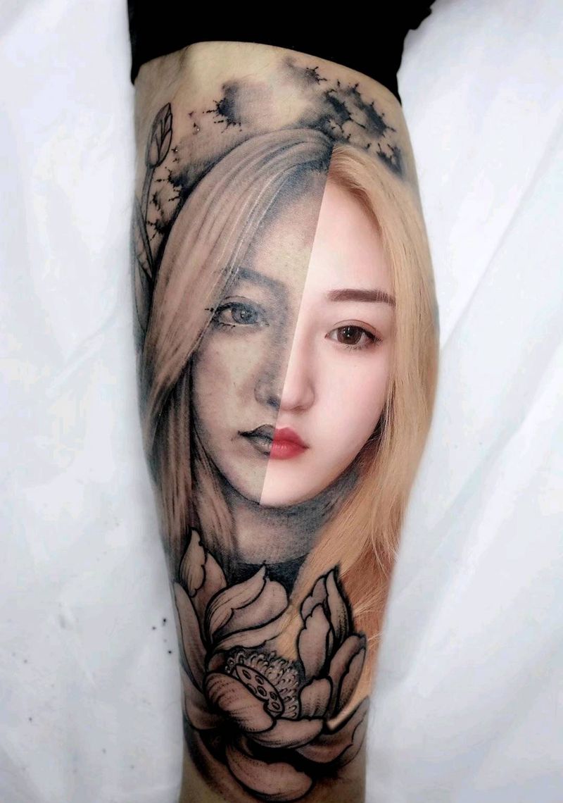 小腿肖像纹身图片