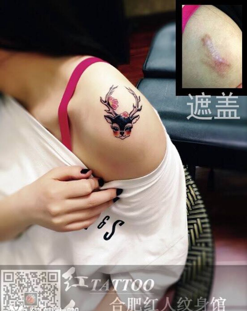 小鹿遮盖疤痕纹身图片