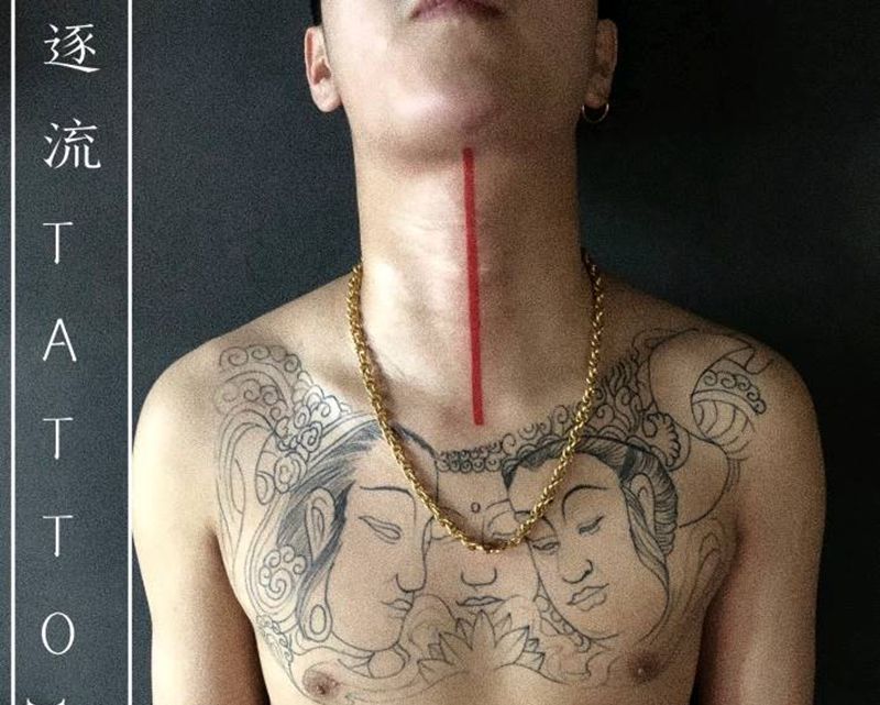 直线纹身图片_颈部几何纹身图案