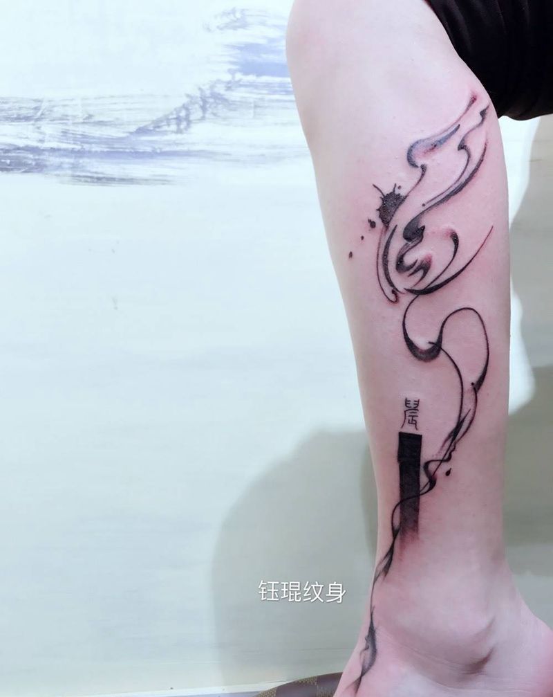 小腿水墨道纹身图片