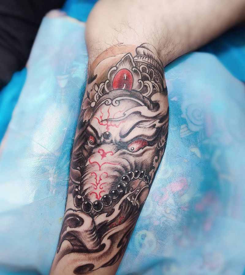 象神纹身图片_腿部新传统纹身图案