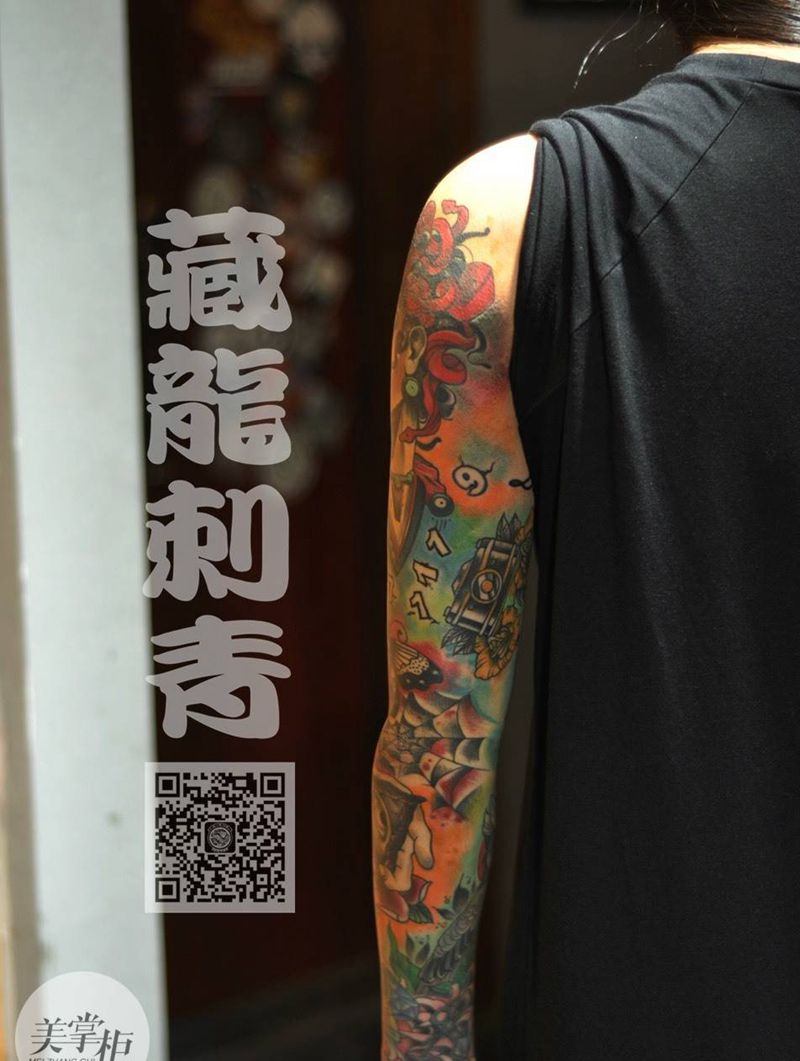 欧美彩色花臂纹身图片_欧美人物植物动物原创字符手臂藏龙刺青纹身图案