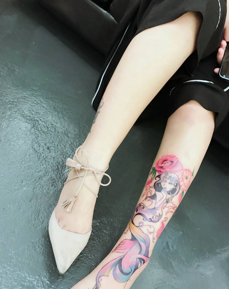 小腿美人鱼纹身图片