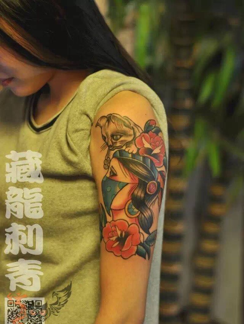 猫女郎纹身图片_成品手臂欧美动物人物纹身图案
