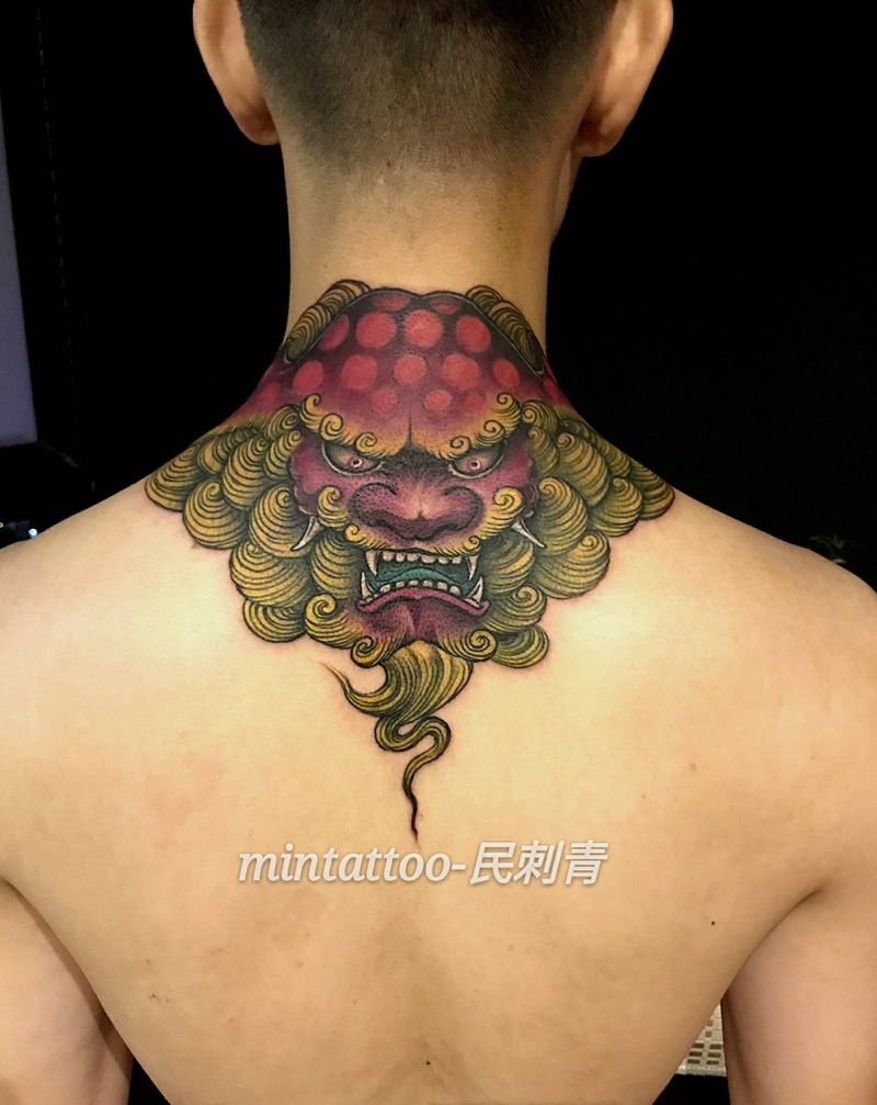 唐狮纹身图片_颈部胸部新传统纹身图案