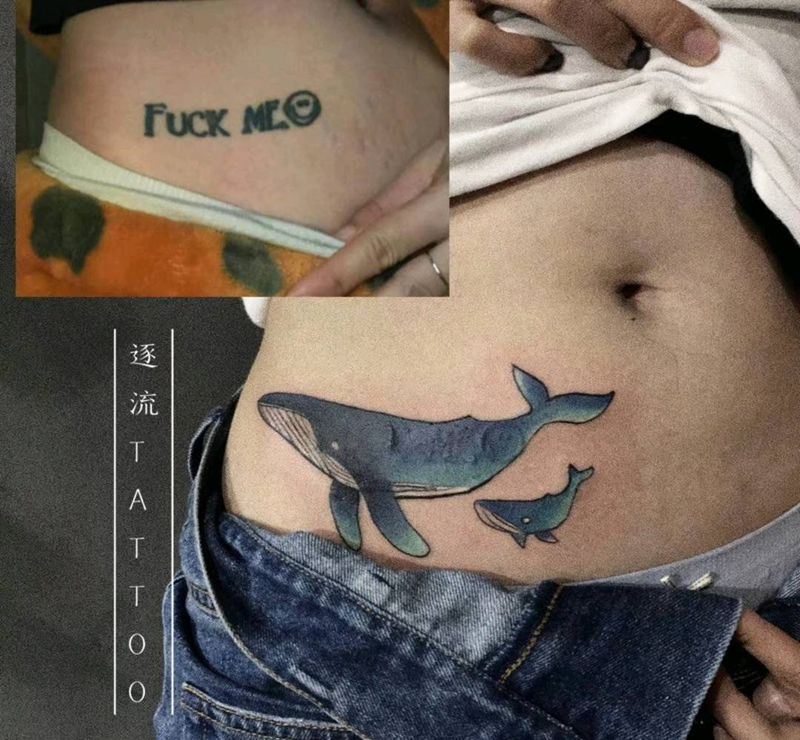 遮盖鲸鱼纹身图片_腰部水彩纹身图案