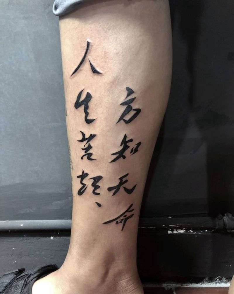 人生苦短 方知天命纹身图片_腿部毛笔字纹身图案