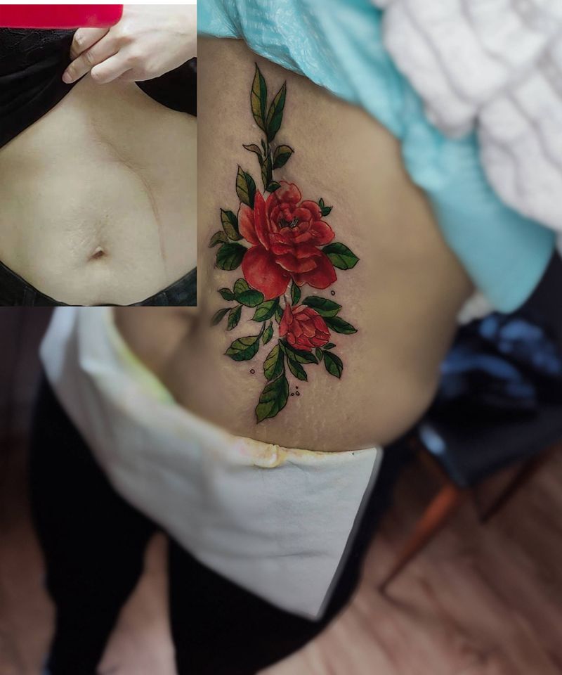 遮盖手术疤纹身图片_腹部水彩新传统纹身图案