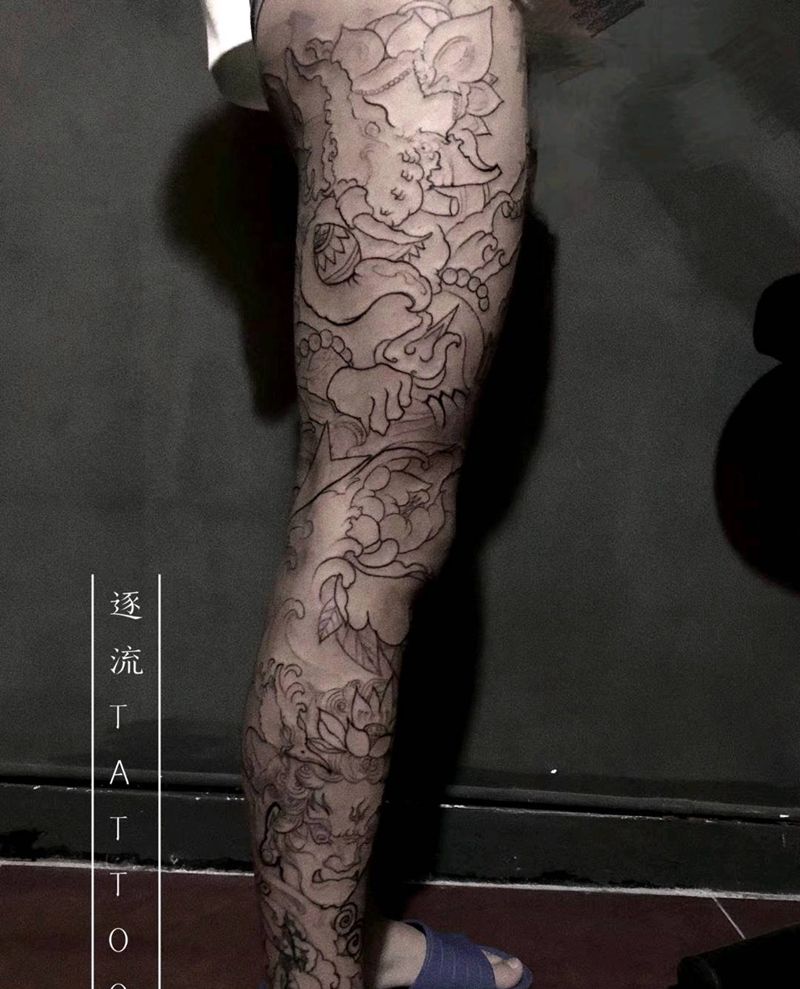 线条纹身图片_腿部新传统纹身图案