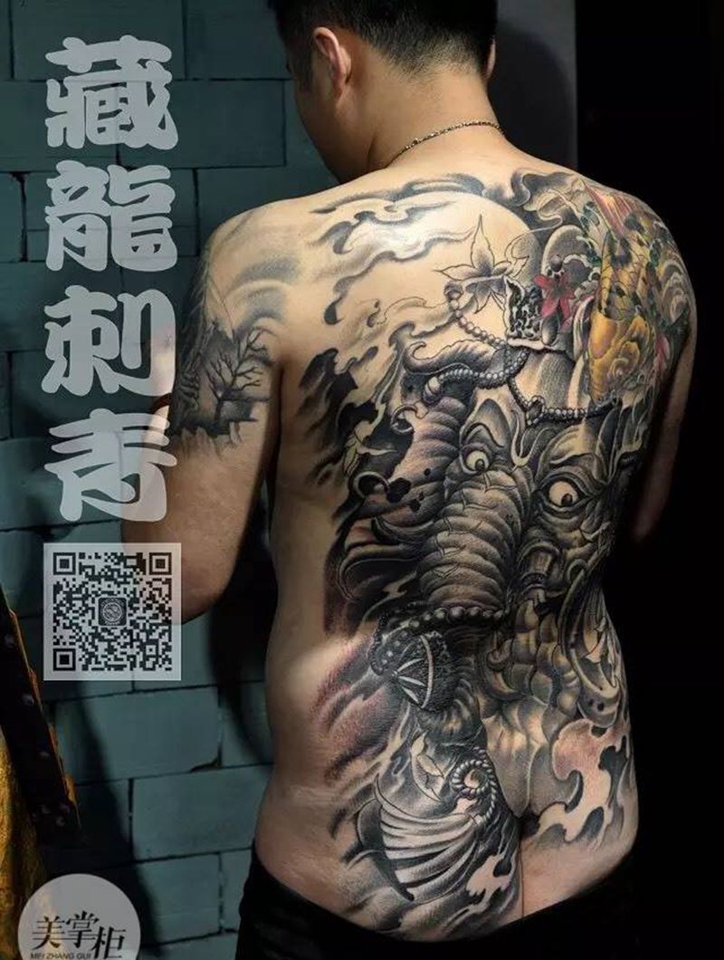 象神满背纹身纹身图片_传统鬼神背部藏龙刺青纹身图案