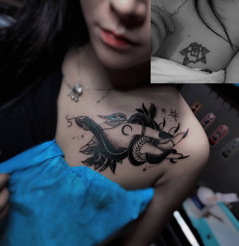 暗黑遮盖纹身图片_肩部胸部纹身图案