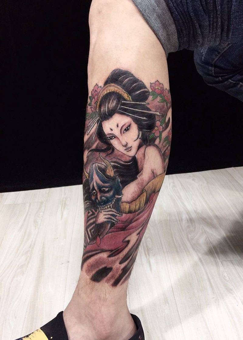 中国风仕女纹身图片_成品腿部肖像人物纹身图案