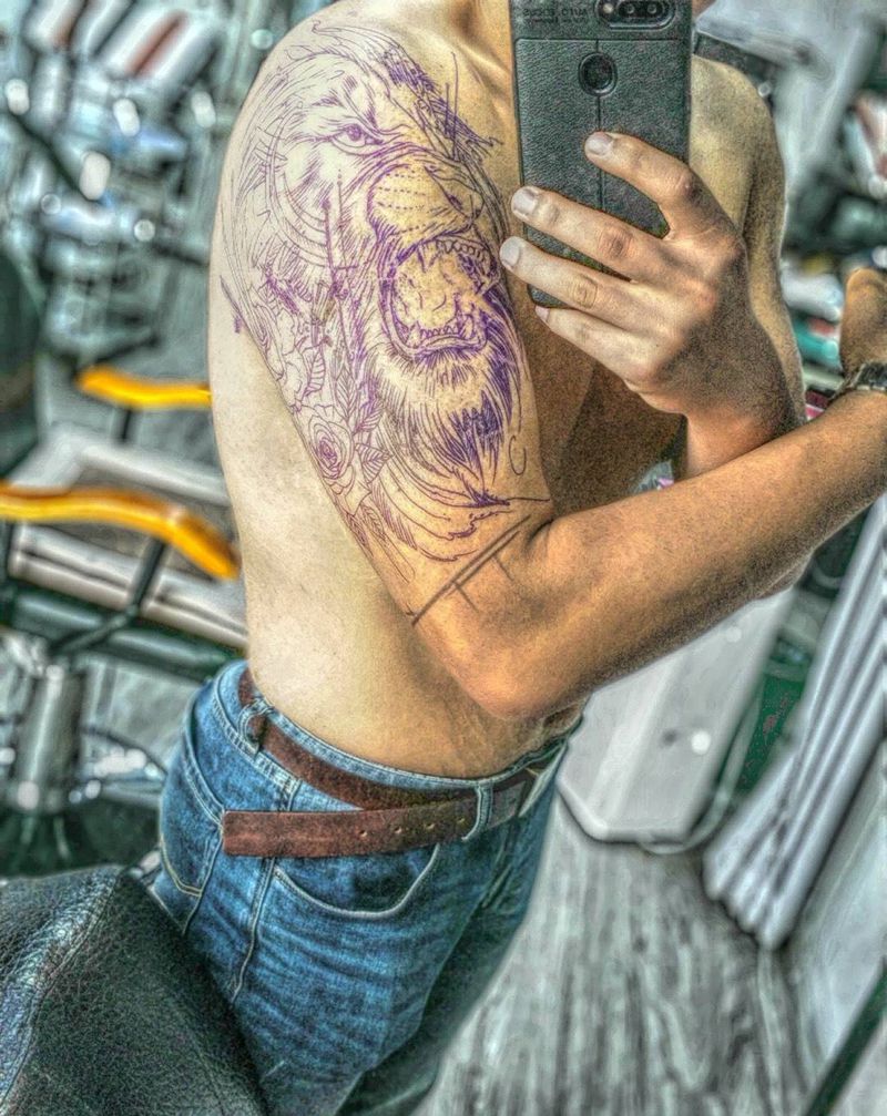 未开工 先自拍纹身图片_手臂欧美动物狮子纹身图案
