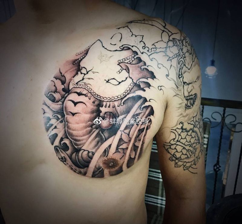 象神，猴子半甲未完纹身图片