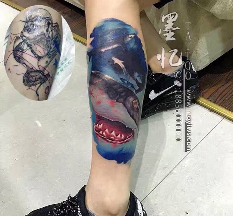 遮盖鲨鱼纹身图片_腿部成品欧美动物纹身图案