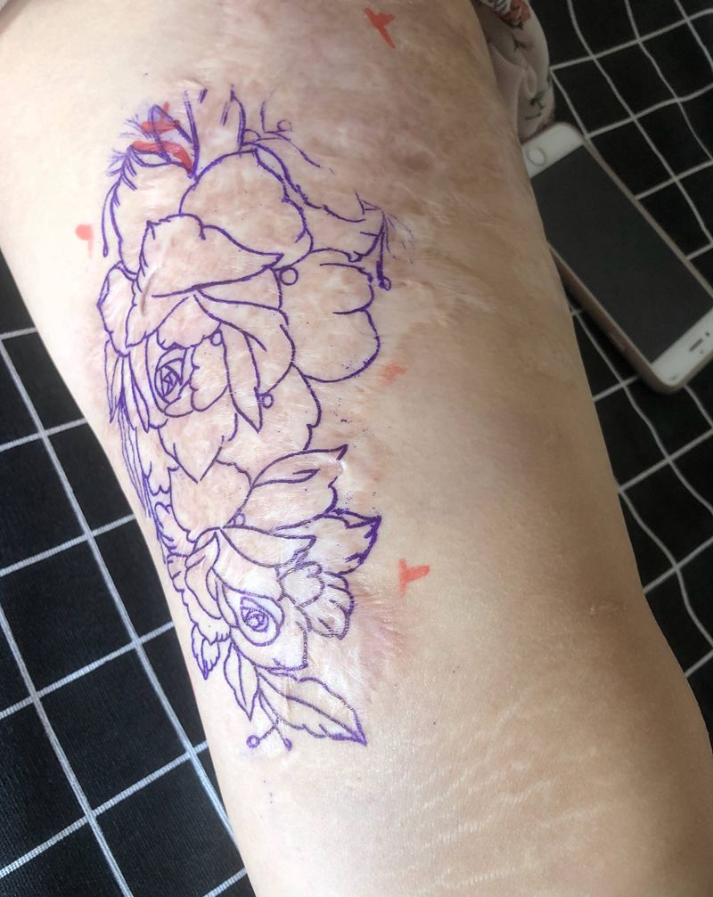 遮盖疤痕纹身图片_成品腿部欧美植物纹身图案