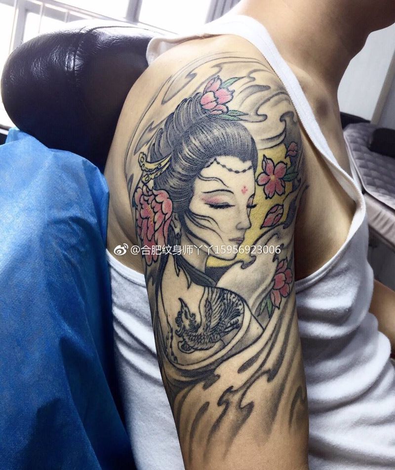 艺妓纹身图片_手臂新传统中国风人物纹身图案