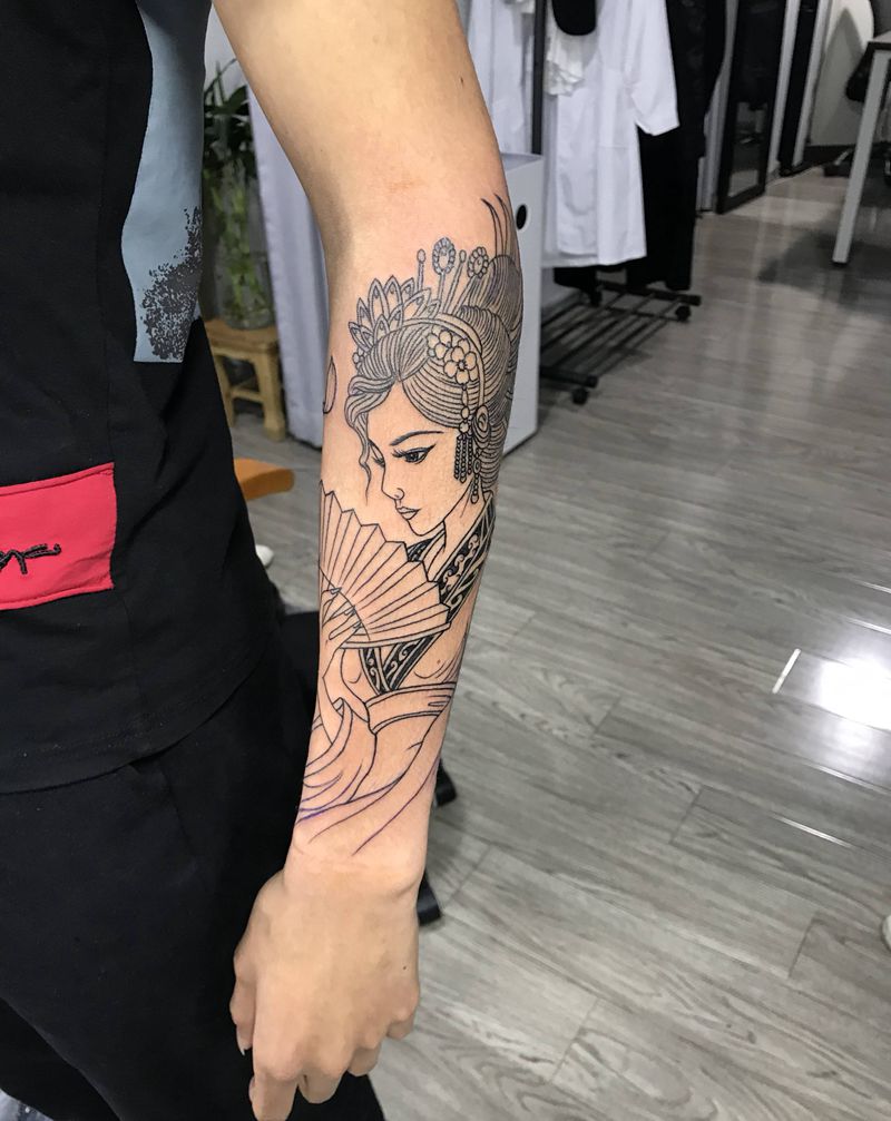 中国风仕女图纹身图片_手臂新传统艺妓中国风纹身图案