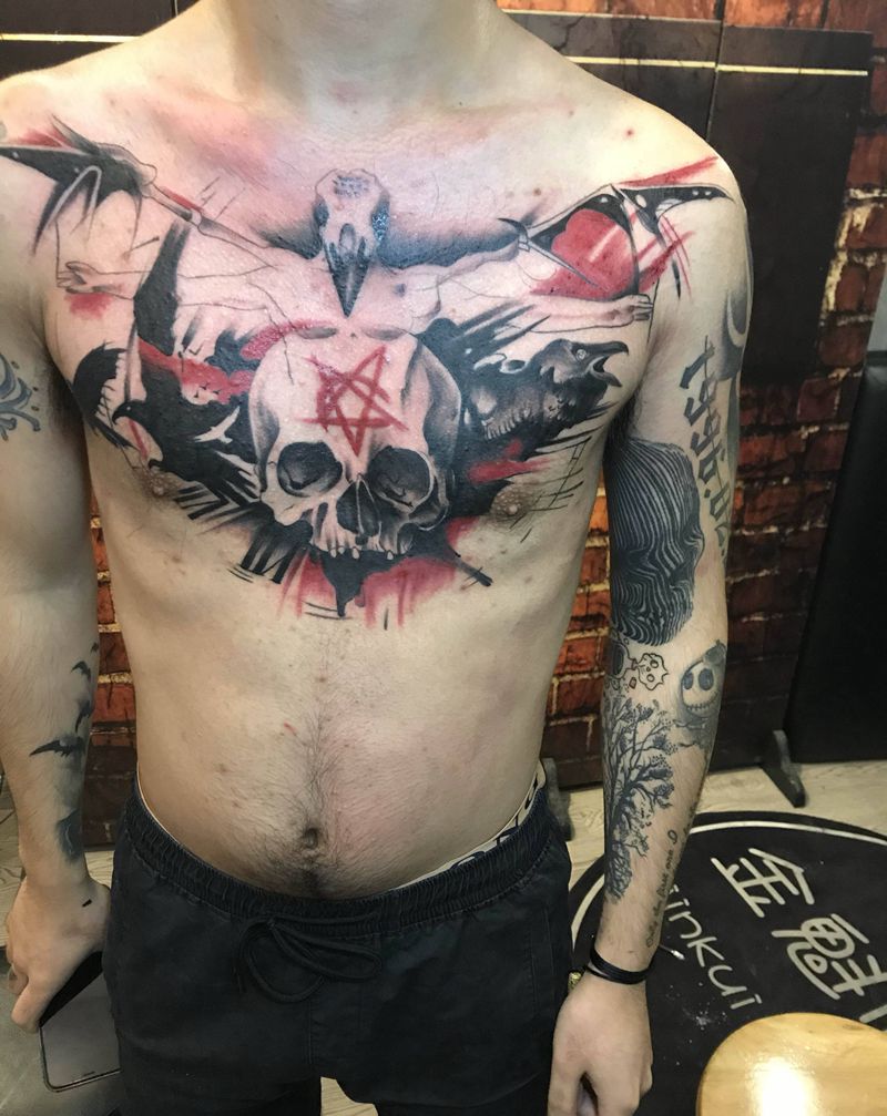 暗黑骷髅，花胸纹身图片_胸部肩部水墨几何骷髅翅膀几何纹身图案