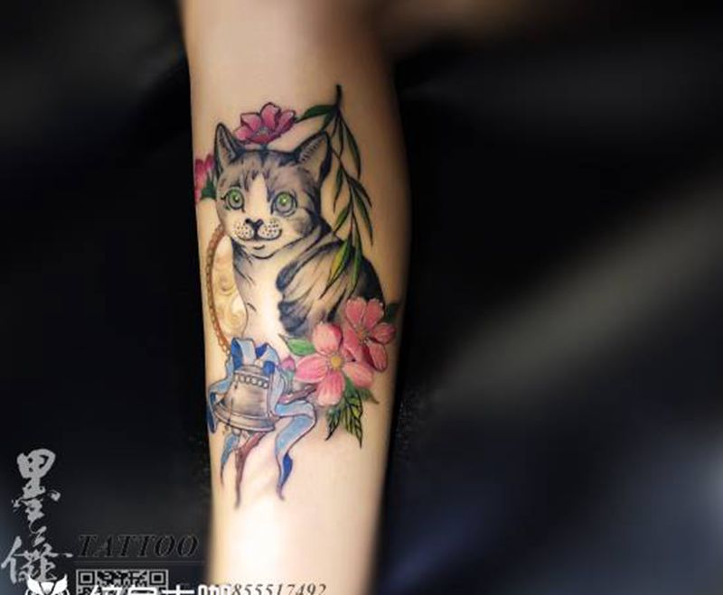 小腿猫咪tattoo纹身图片_腿部纹身图案