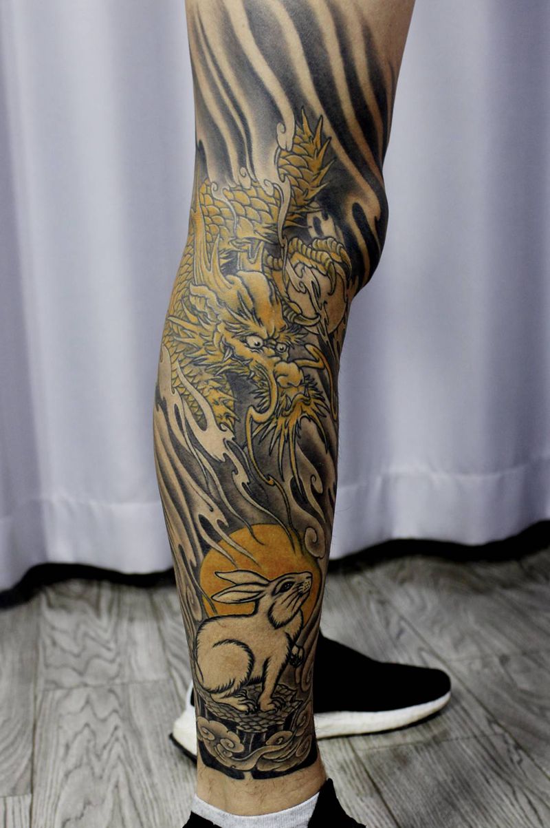 金龙 玉兔 包小腿纹身图片_腿部新传统龙兔包小腿纹身图案