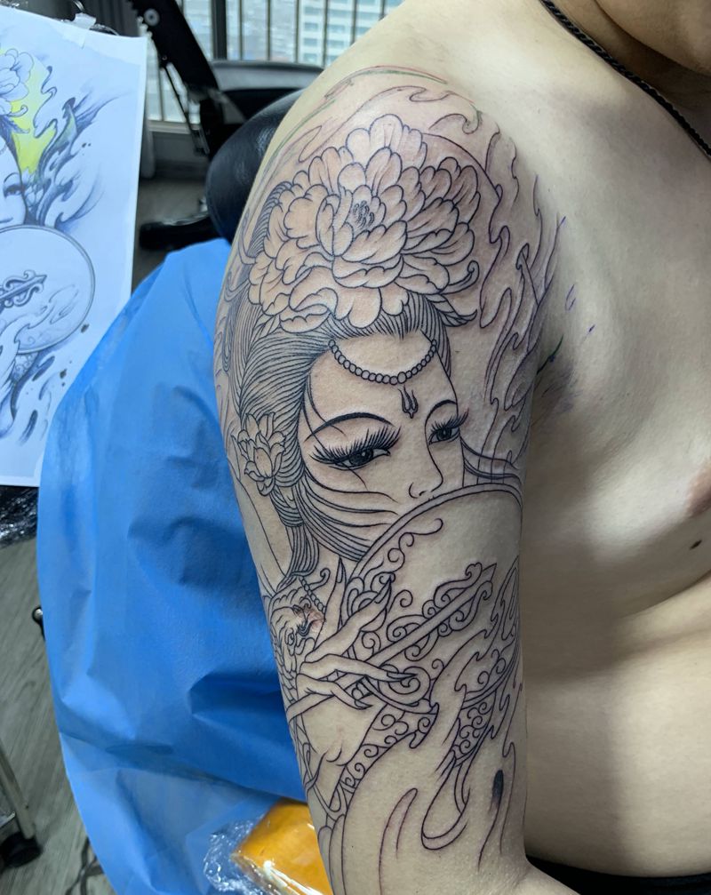 手臂艺妓线条纹身图片_手臂新传统艺妓中国风纹身图案