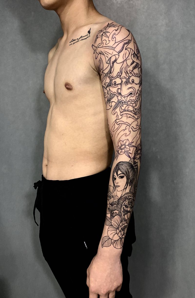 中国风花臂纹身图片_手臂新传统艺妓般若花臂纹身图案