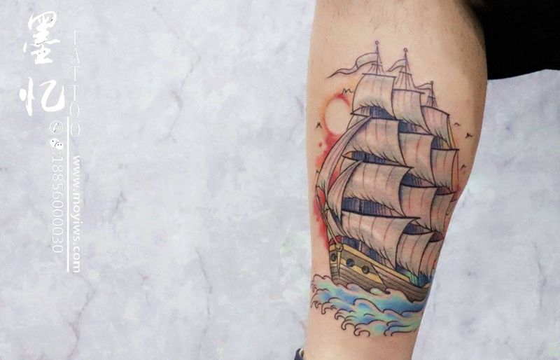 小腿帆船school纹身图片