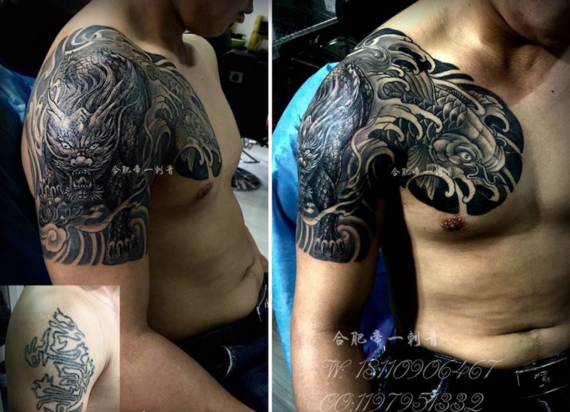 祥瑞麒麟 招财鲤鱼半胛 遮盖老纹身纹身图片_成品手臂胸部传统动物纹身图案