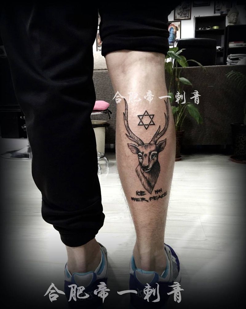 小腿鹿纹身纹身图片_成品腿部欧美动物纹身图案