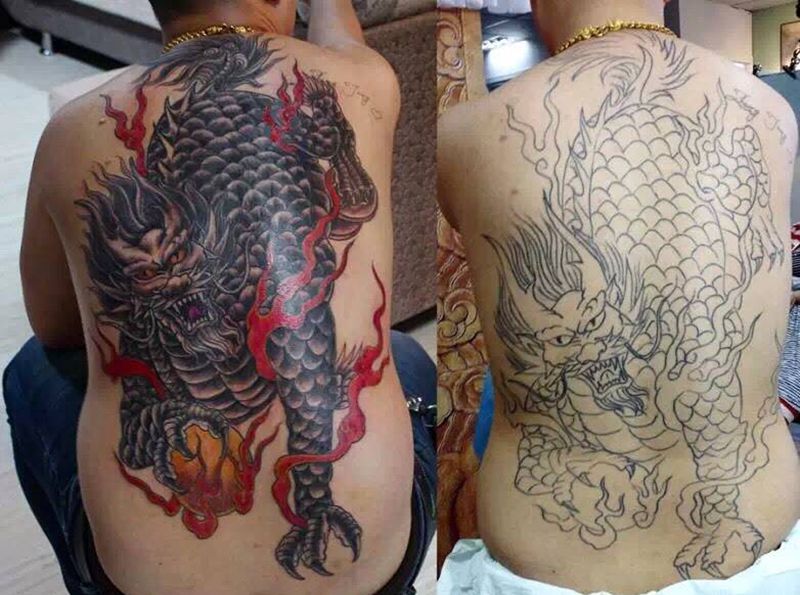 满背老纹身修改上色纹身图片_成品背部传统动物纹身图案