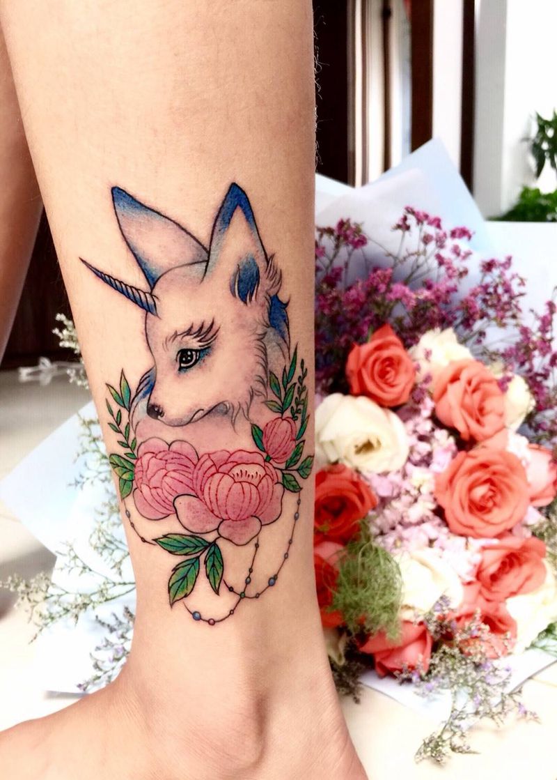 欧美风 小狐仙纹身图片_成品腿部脚部欧美动物纹身图案