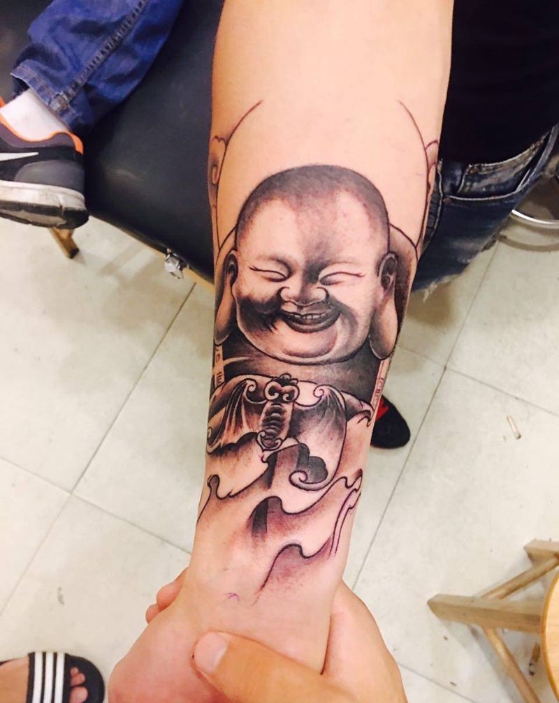 笑口常开纹身图片_成品手臂传统肖像国画人物宗教纹身图案