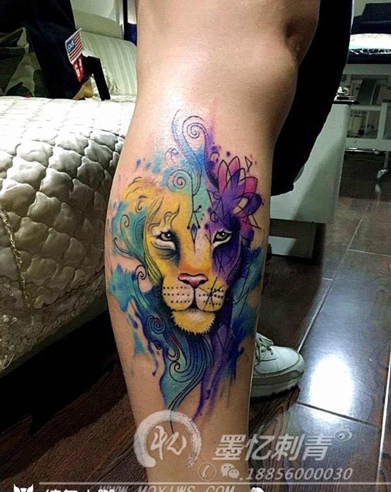 水彩狮子纹身图片_清新欧美几何动物腿部成品纹身图案