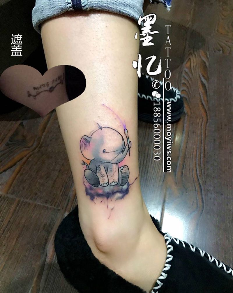 遮盖小象纹身图片_成品腿部传统动物纹身图案